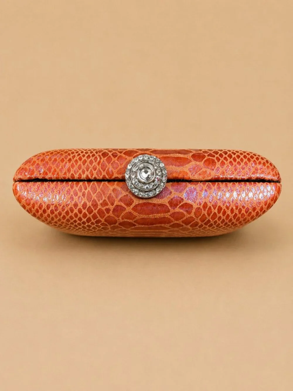 Expressions NYC Orange Snakeskin Print Hard Case Clutch Rhinestone Evening Bag
